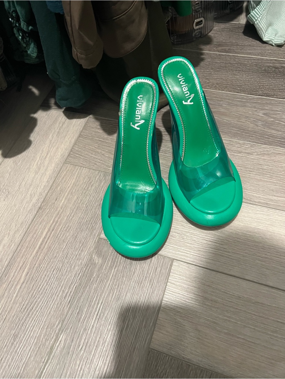 Vivianly Emerald Green Clear Strap Slide Mules
